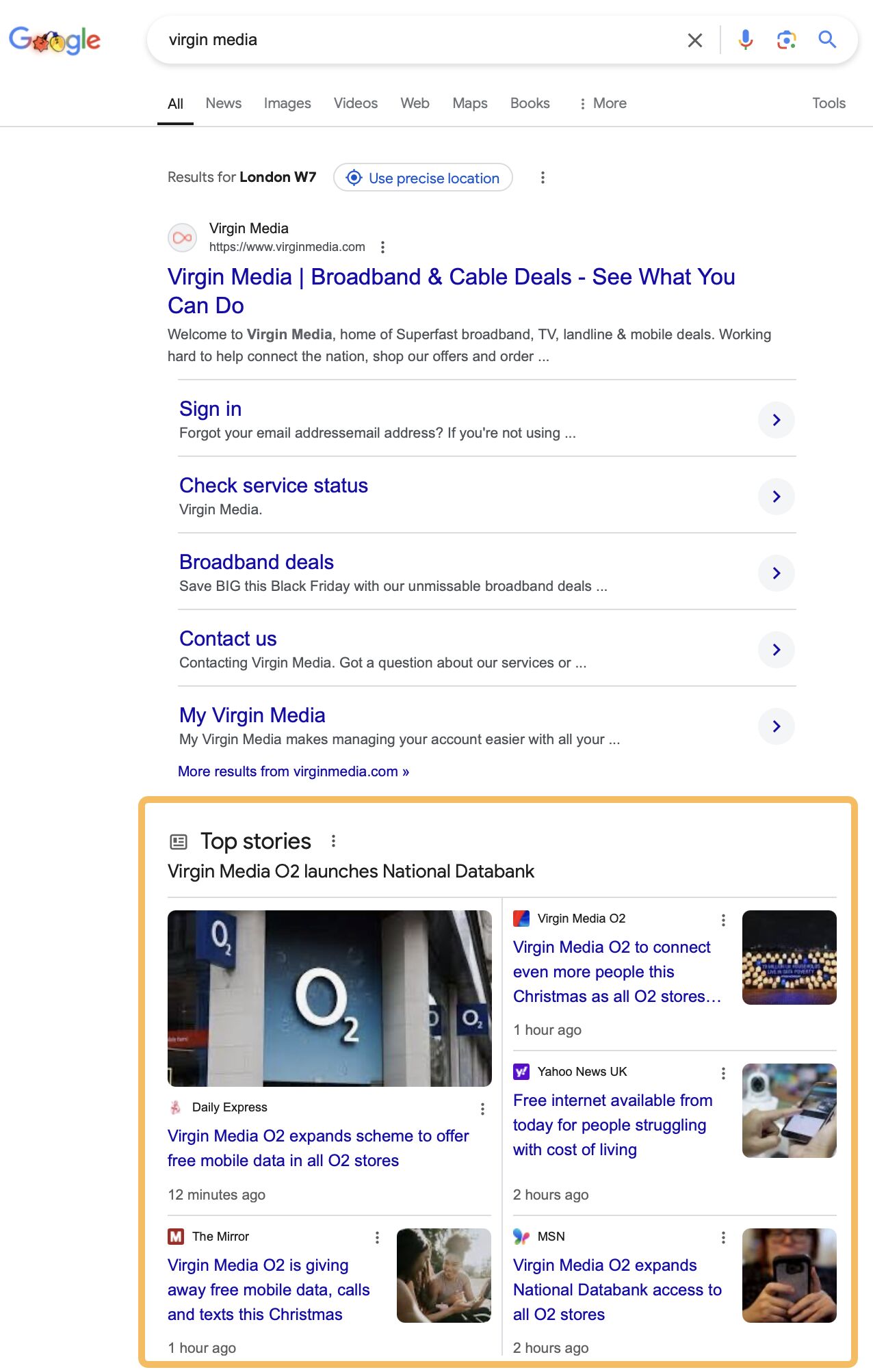 Ejemplo de cobertura de noticias de Virgin Media en los resultados de búsqueda, a través de Google.com.