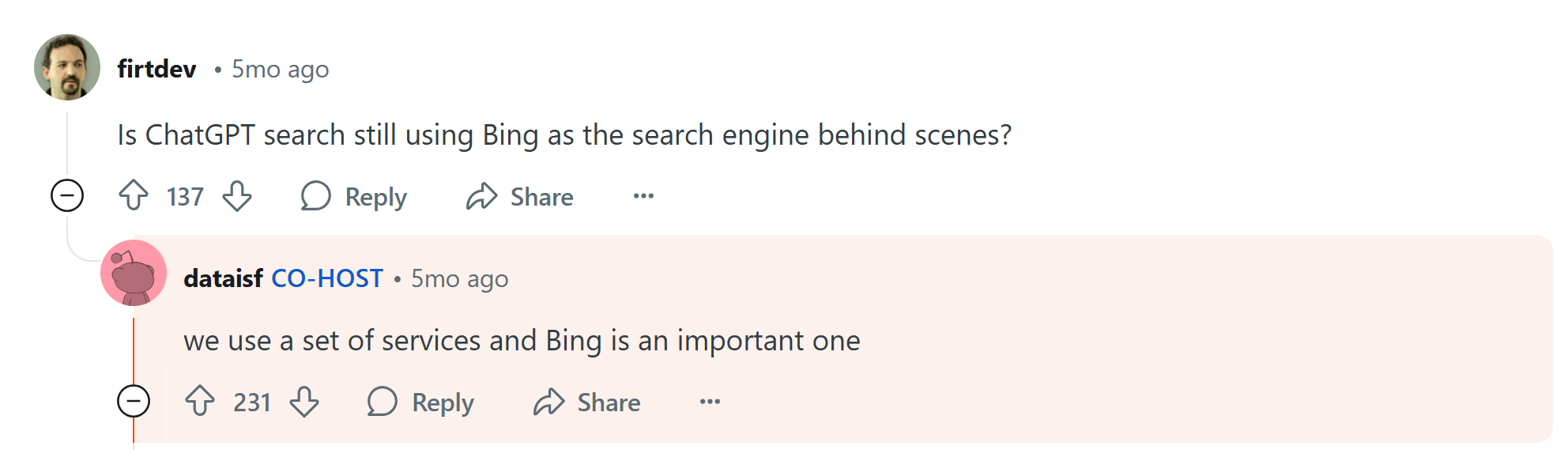 Captura de pantalla de Reddit donde un VP de Ingeniería de OpenAI confirma el uso del índice de Bing como parte de ChatGPT Search.