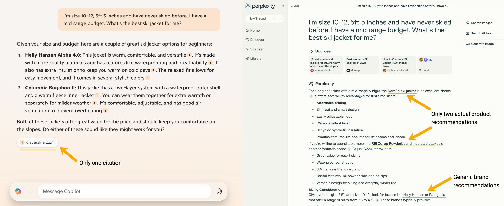 Otros chatbots como Perplexity y CoPilot pueden hacer una o dos sugerencias de productos, pero sin fotos y fuentes limitadas.