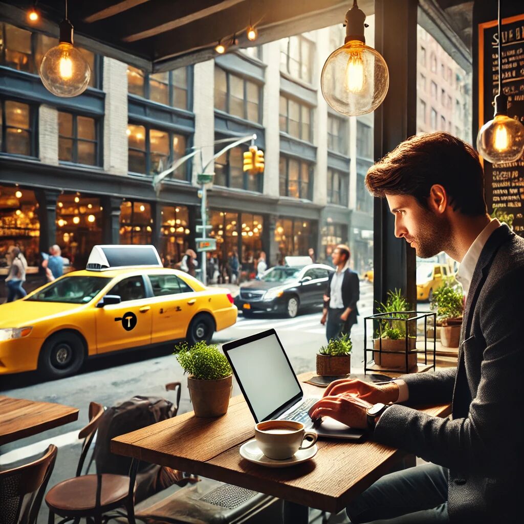 Imagen generada con DALL-E 3: "Foto de archivo de alguien trabajando con su portátil en una cafetería de Nueva York".