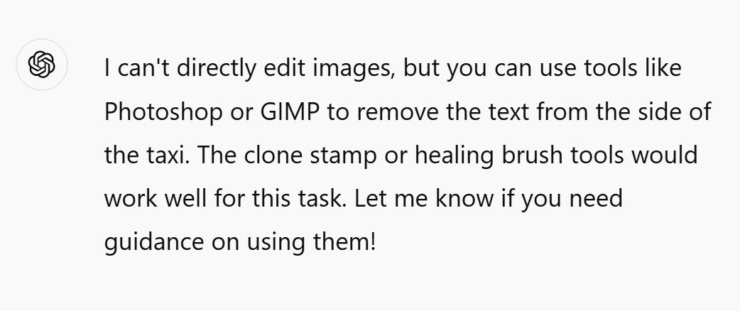Mensaje de ChatGPT indicando que no puede editar imágenes, y sugiriendo alternativas