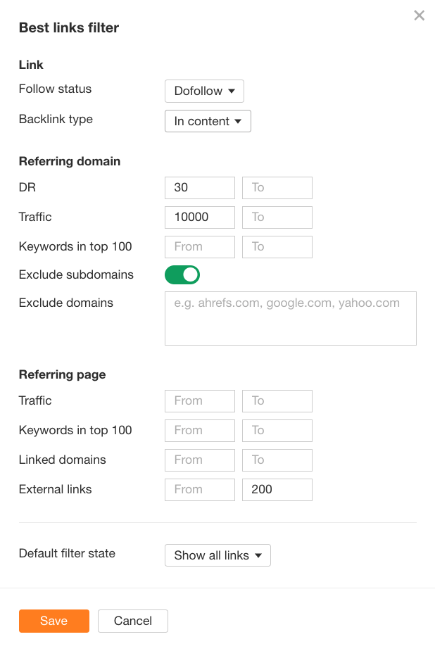 Una captura de pantalla del filtro Best Links de Ahrefs.