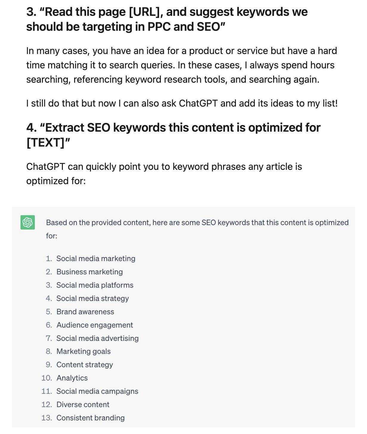 Captura de pantalla de consejos de la cofundadora de Smarty Marketing, Ann Smarty, proporcionando algunos ejemplos adicionales de prompts para descubrir palabras clave a partir del contenido existente