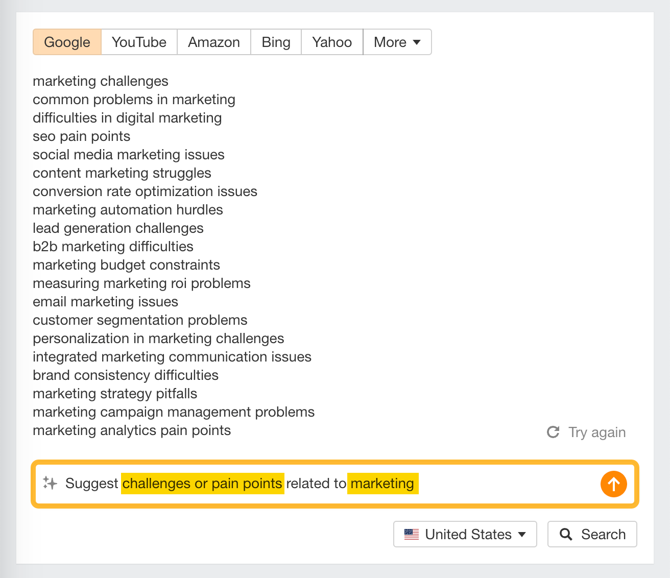 Sugerencia de palabras clave IA con una lista de palabras clave long-tail y short-tail a través de Keywords Explorer de Ahrefs.