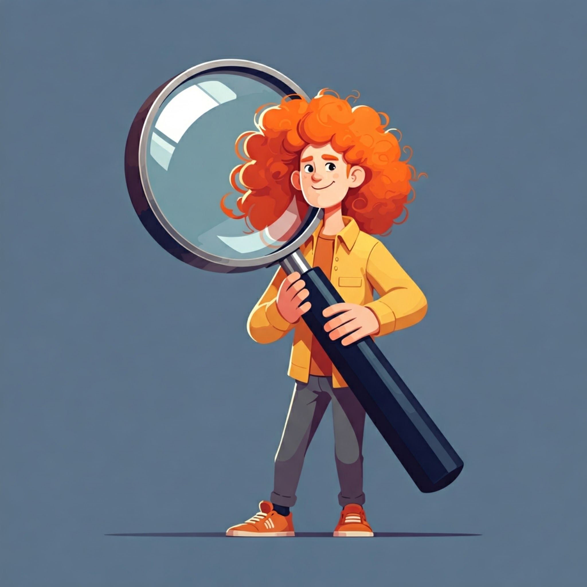 Imagen generada por Gemini con el siguiente prompt: "Un personaje de dibujos animados con pelo pelirrojo que lleva una enorme lupa".