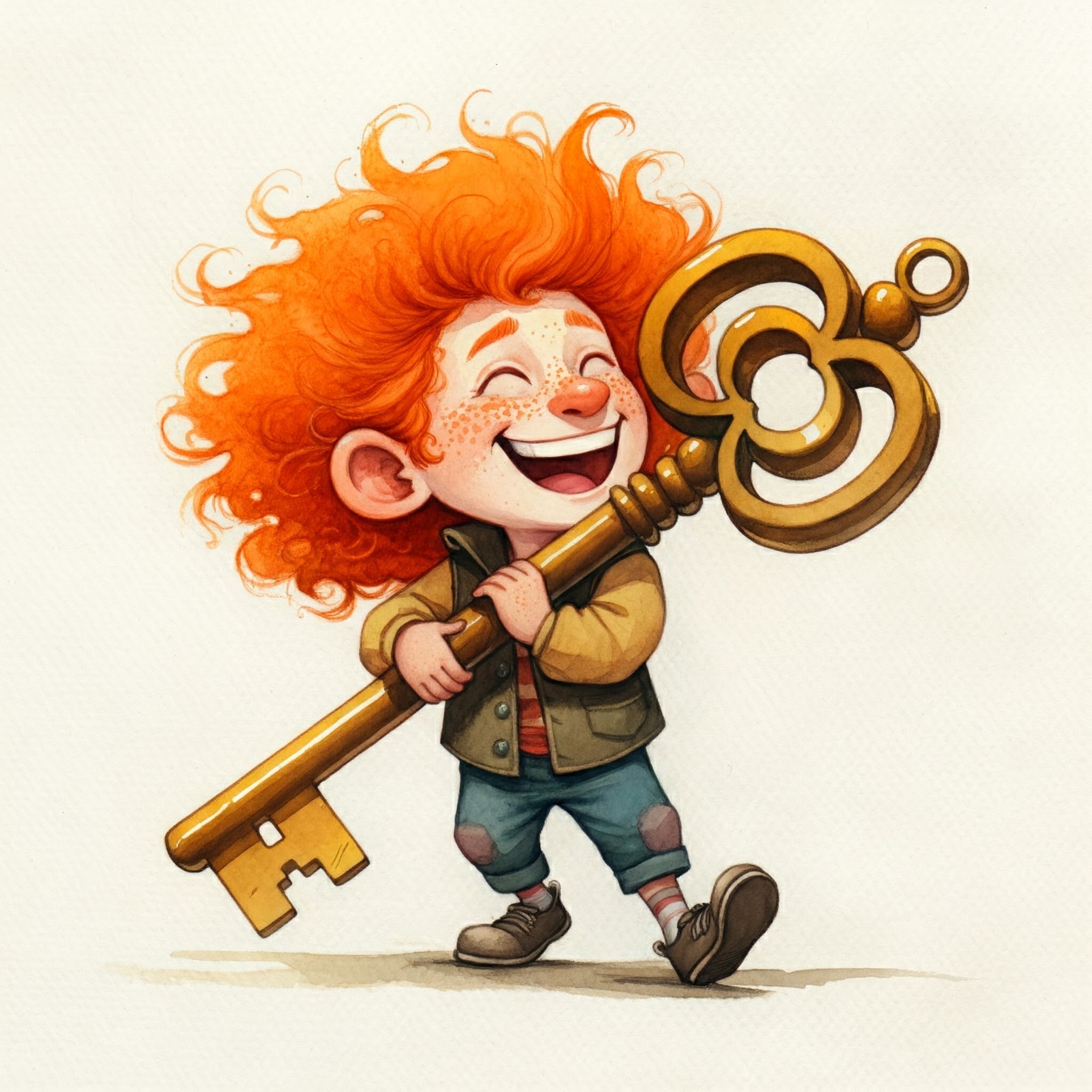 Imagen generada con Gemini con el siguiente prompt: "Un personaje de dibujos animados con pelo pelirrojo que lleva una enorme llave dorada" con el estilo Acuarela aplicado.