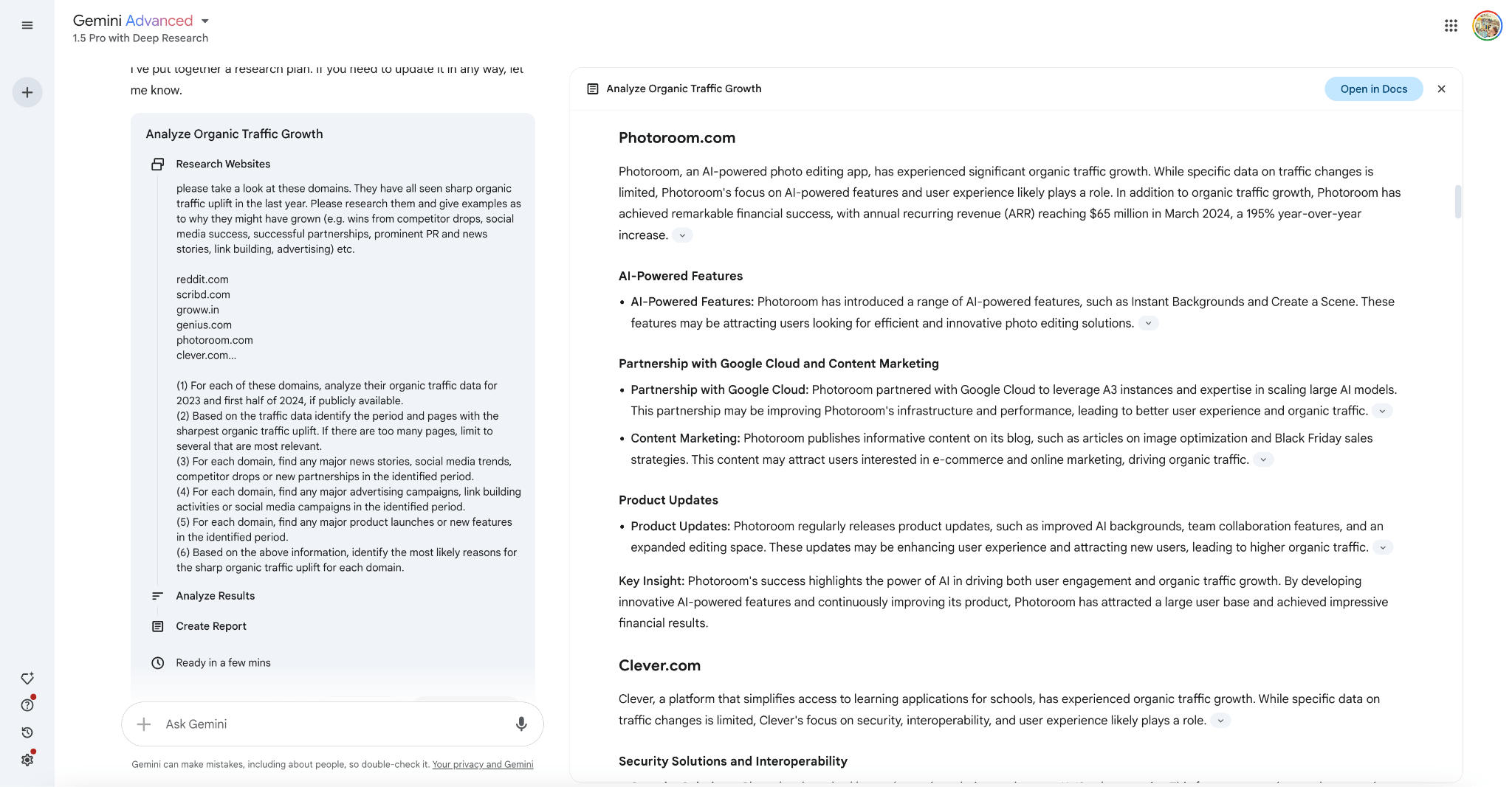 Panel lateral en Deep Research de Gemini