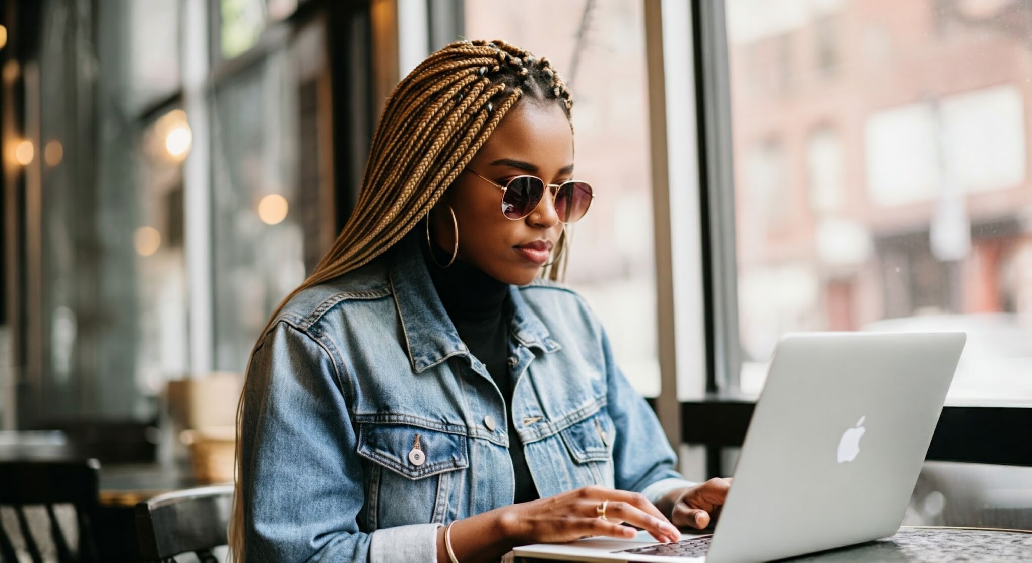 Imagen generada con Gemini con el siguiente prompt: "Foto de archivo de alguien trabajando con su portátil en una cafetería de Nueva York".
