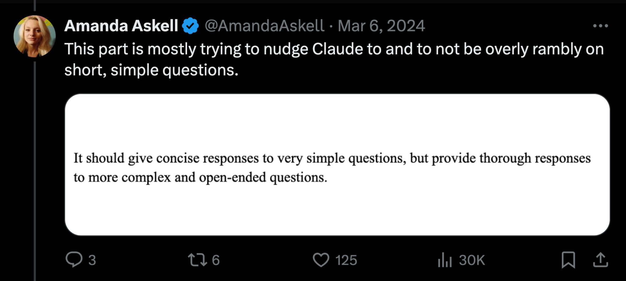 Tweet de Amanda Askell sobre Claude