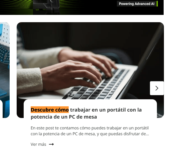 Ejemplo de tarjeta de productos con anchor text y el texto "ver más".