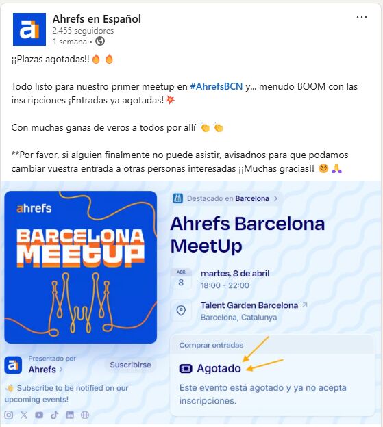 Publicación plazas agotadas del evento de Ahrefs en Barcelona.