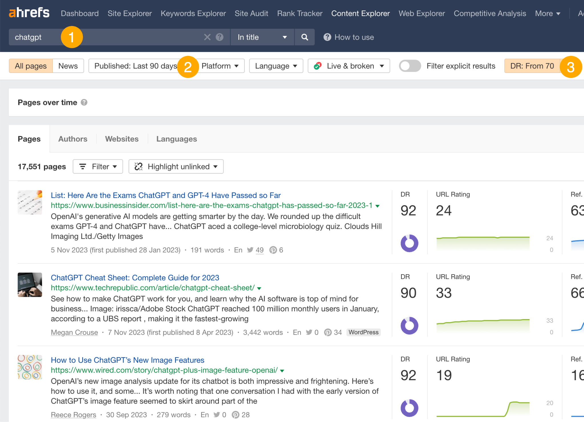 Encuentra sitios web que hayan publicado recientemente sobre un tema con Content Explorer.