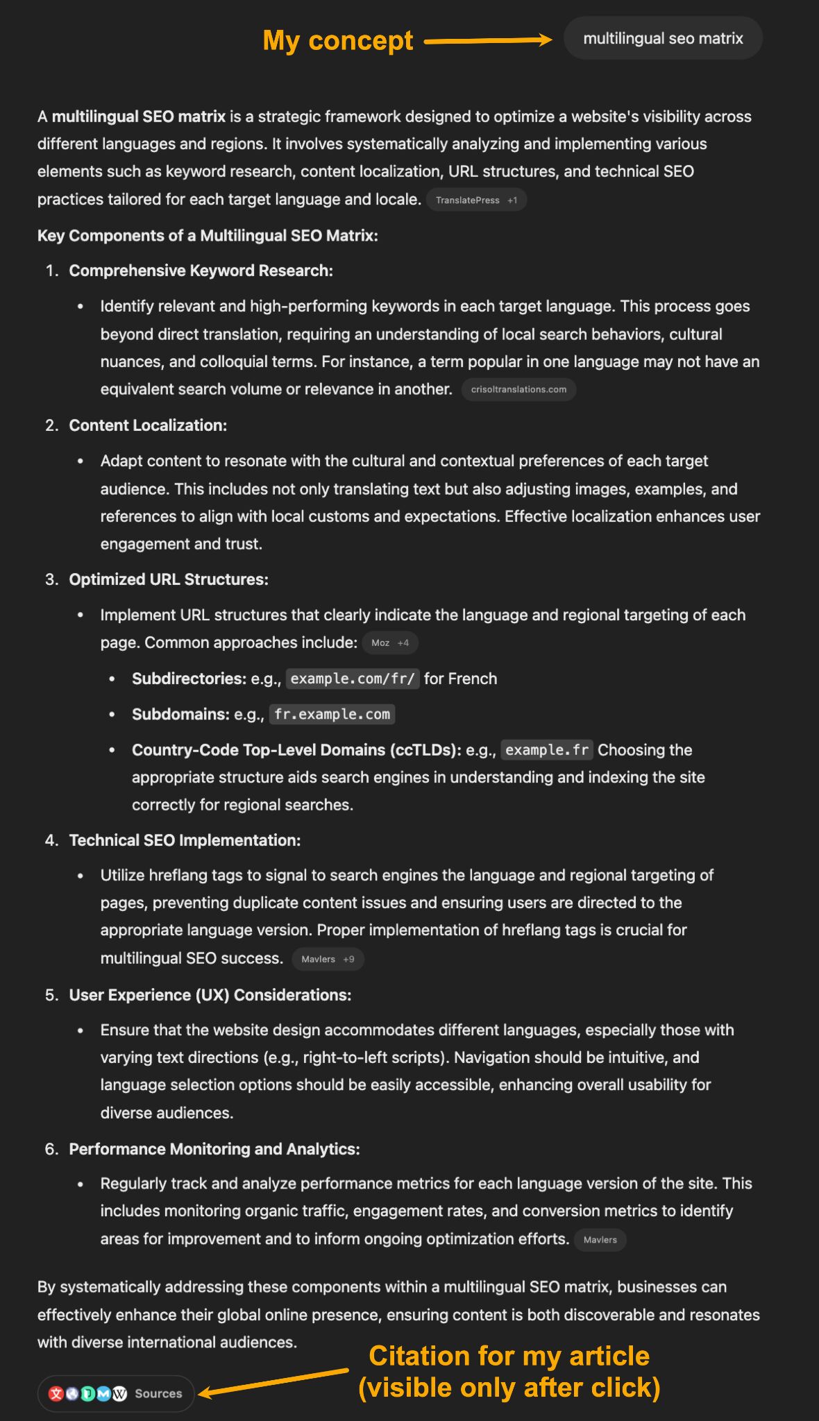 Respuesta de ChatGPT cuando se le preguntó sobre la Matriz de SEO Multilingüe, alucinando una respuesta a pesar de citar el artículo de Ahrefs como referencia.