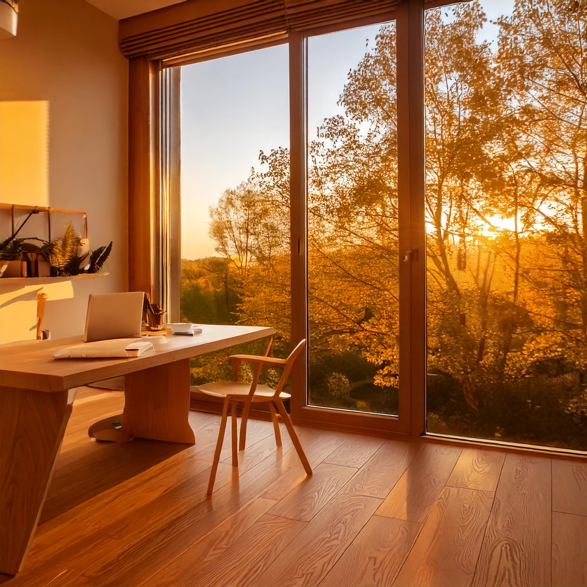 Imagen generada con Adobe Firefly con el siguiente prompt: "Despacho minimalista con vistas a los árboles del exterior"