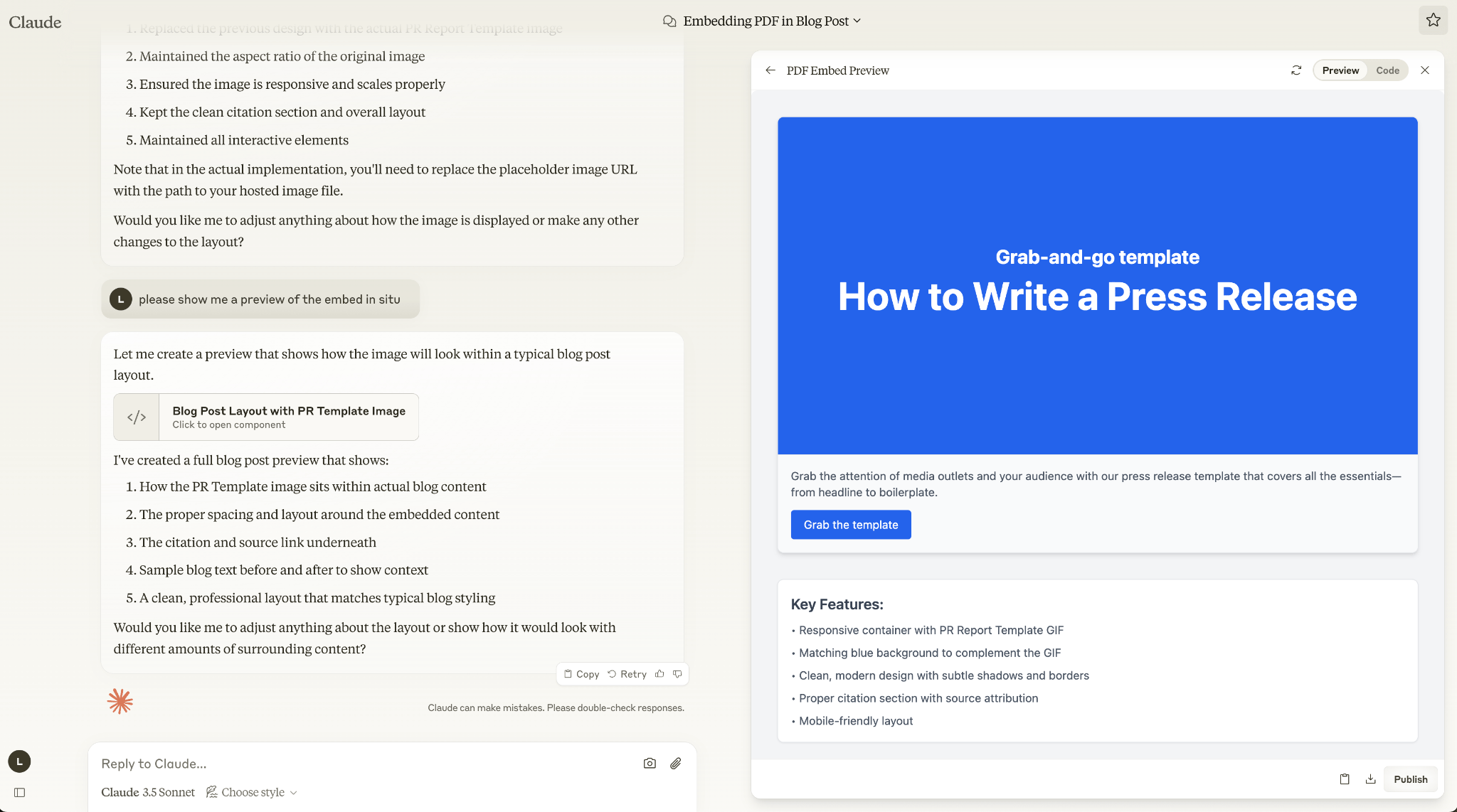 Claude crea código HTML para incrustar PDF en blogs