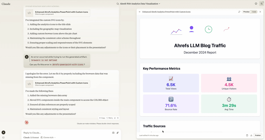 Claude crea mock-ups de landing pages de forma rápida e incluso crea un informe interactivo del tráfico LLM de Ahrefs a partir de una simple captura de pantalla de nuestros datos.