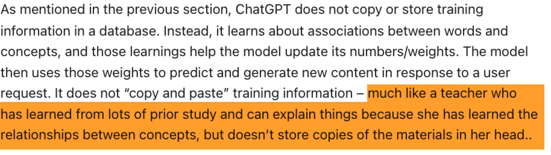 Captura de pantalla del ejemplo de Open AI sobre cómo ChatGPT utiliza datos de entrenamiento en sus respuestas.
