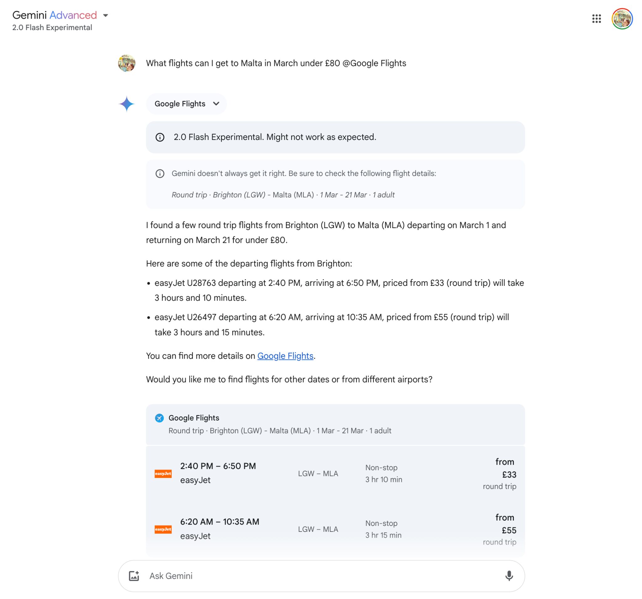 Integración de Google Flights en Gemini.