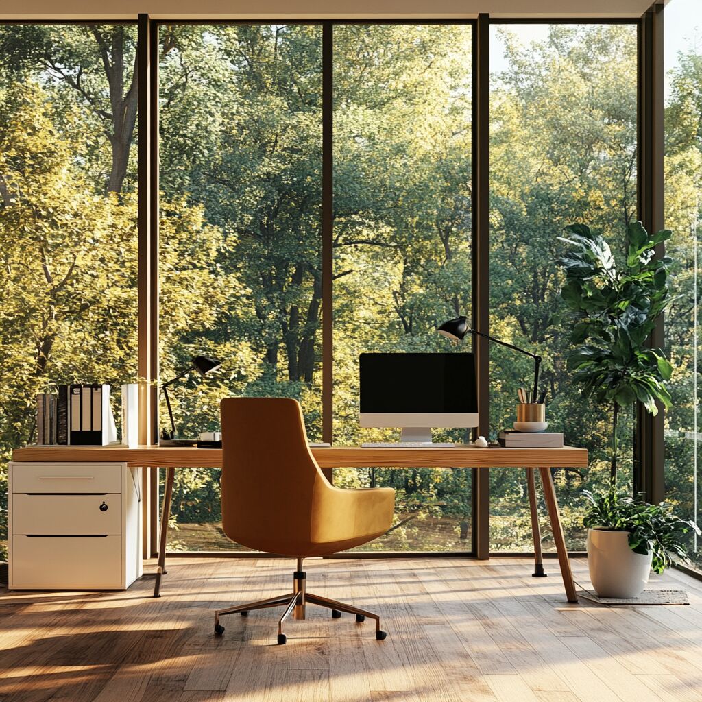 Midjourney: "Foto de stock de una oficina doméstica minimalista con vistas a los árboles del exterior":