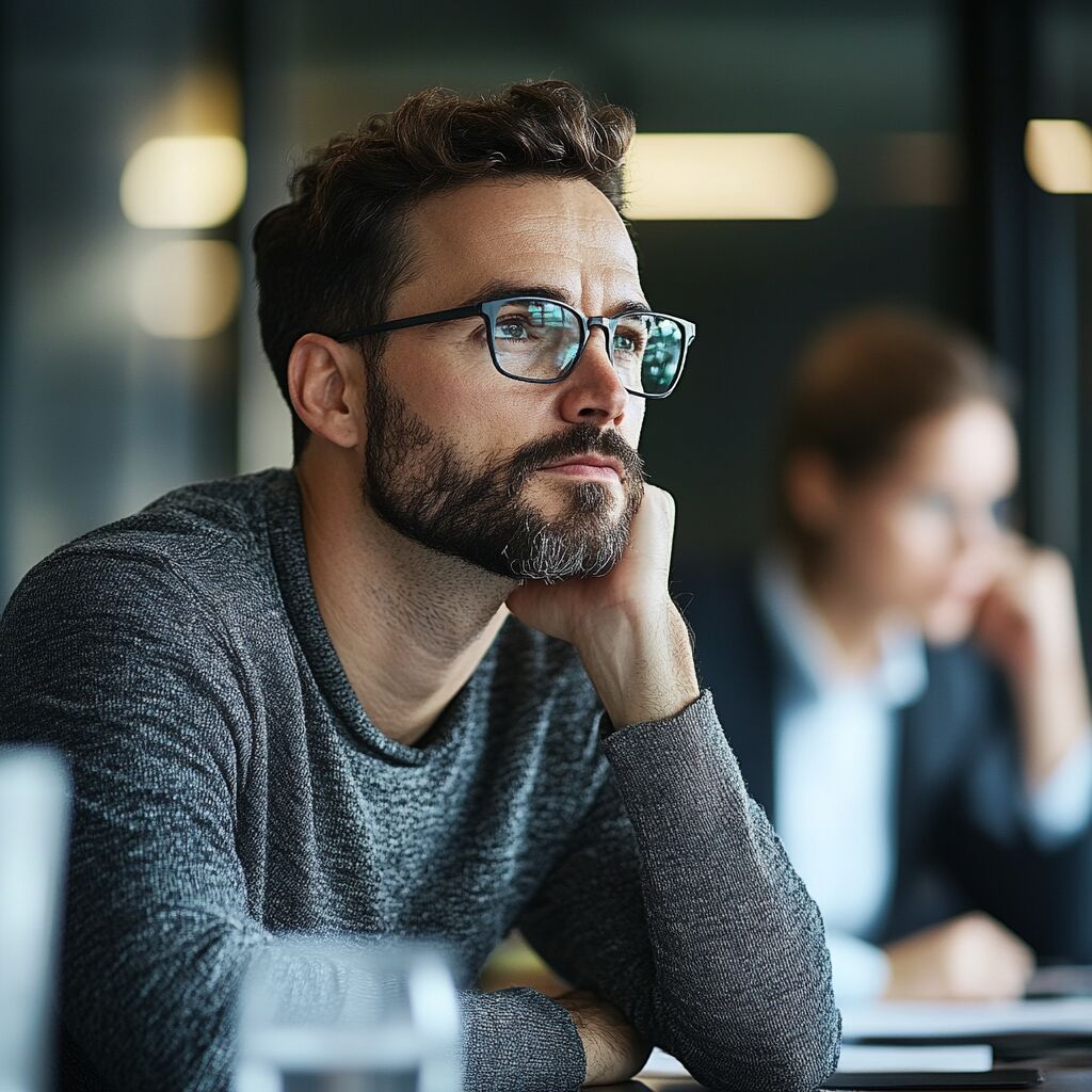 Midjourney: "Foto de stock de una persona reflexiva en una reunión en una empresa de software"