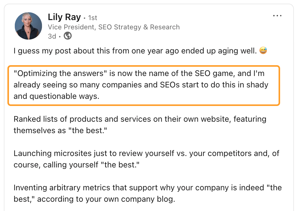 Publicación de Lily Ray en LinkedIn destacando la cita: "«Optimizar las respuestas» es ahora el nombre del juego del SEO, y ya estoy viendo a muchísimas empresas y SEOs empezar a hacerlo de formas turbias y cuestionables".