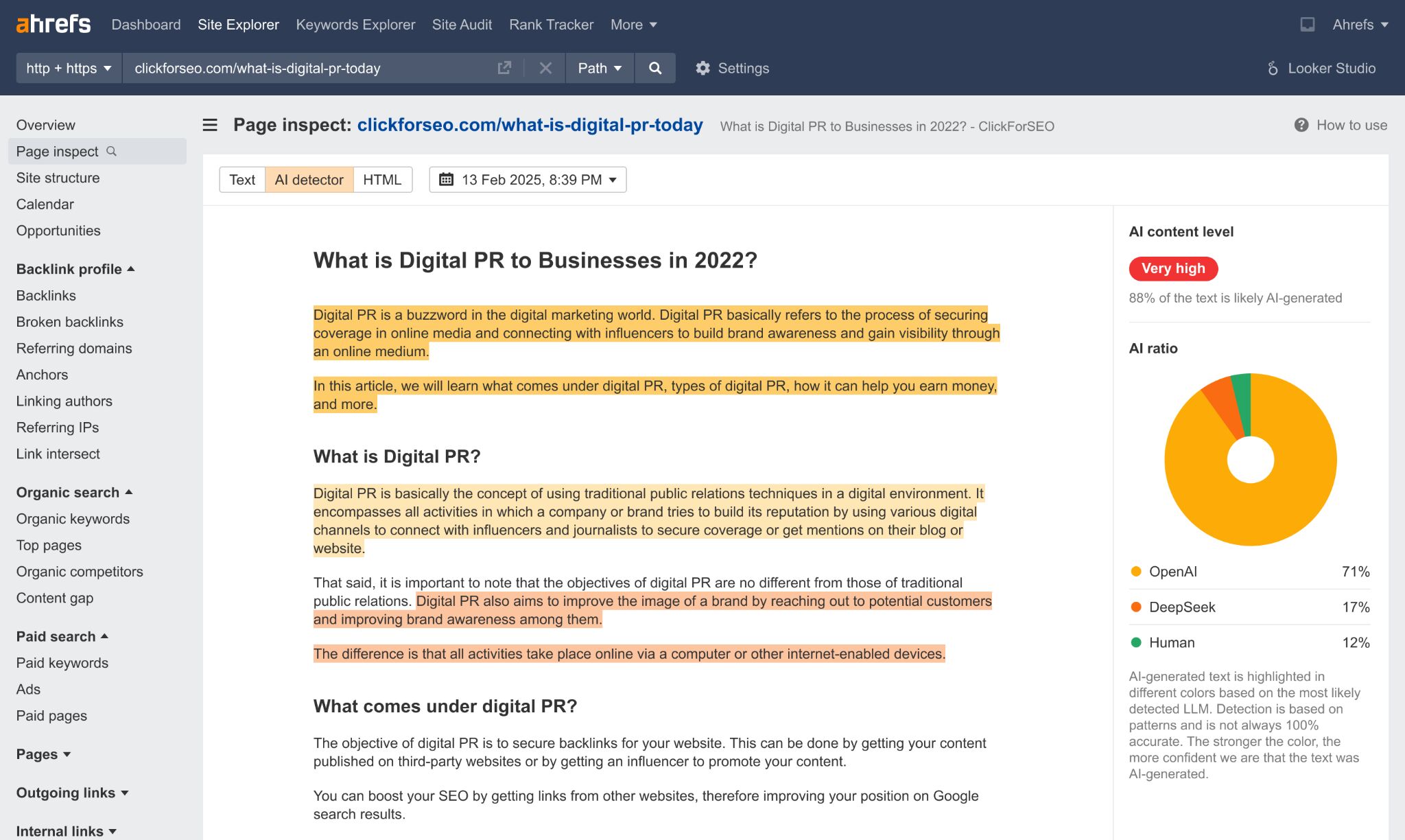 Captura de pantalla de la herramienta Ahrefs "Page inspect" mostrando el análisis de contenido de un artículo sobre "What is Digital PR to Businesses in 2022?", con un medidor de contenido AI en "Very high" y un gráfico de ratio AI desglosado por plataformas.
