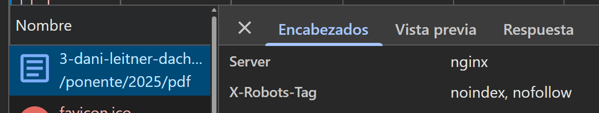 Pestaña 'Encabezados' de herramientas de desarrollador mostrando las cabeceras HTTP de un archivo PDF: la etiqueta X-Robots-Tag tiene el valor 'noindex, nofollow' y el servidor es 'nginx'."