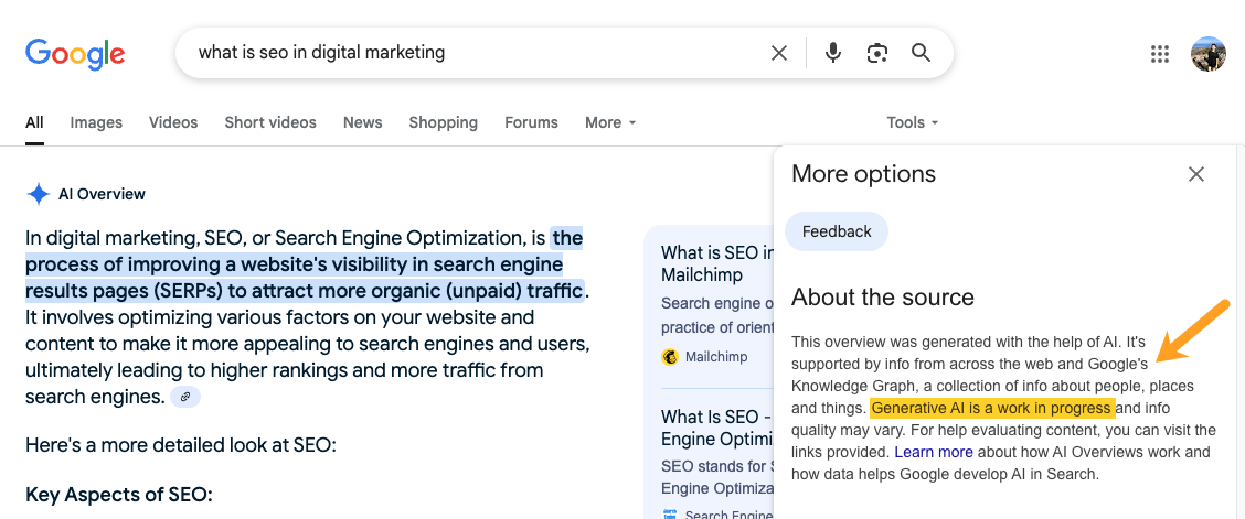 Captura de pantalla de los resultados de búsqueda de Google, mostrando información sobre la fuente de un AI overview. La flecha apunta al texto resaltado que dice "La IA generativa es un trabajo en progreso"