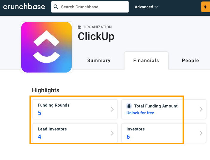 Captura de pantalla del historial de financiación de Clickup en Crunchbase.
