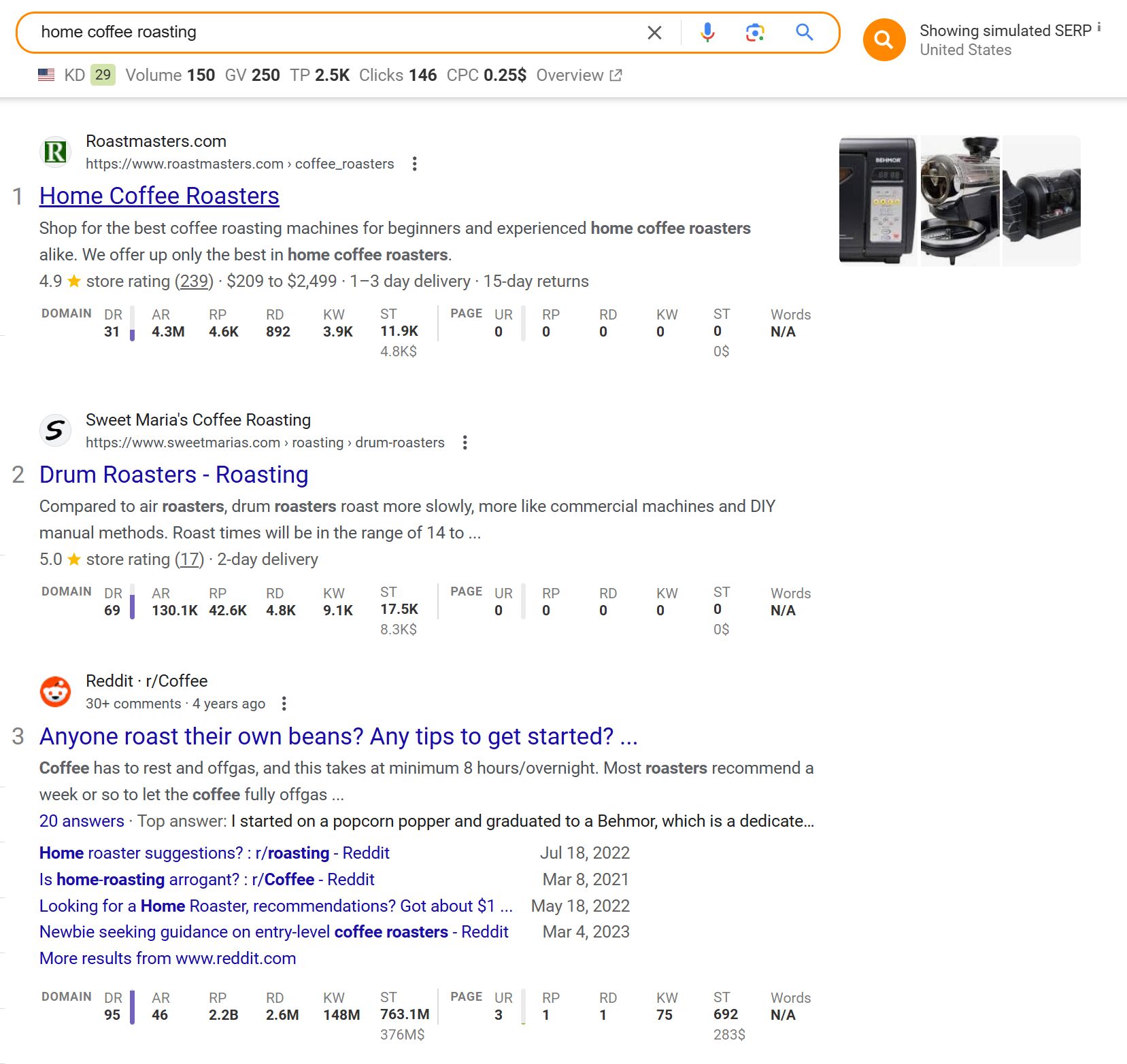 Búsqueda SERP sobre "home coffee roasting".
