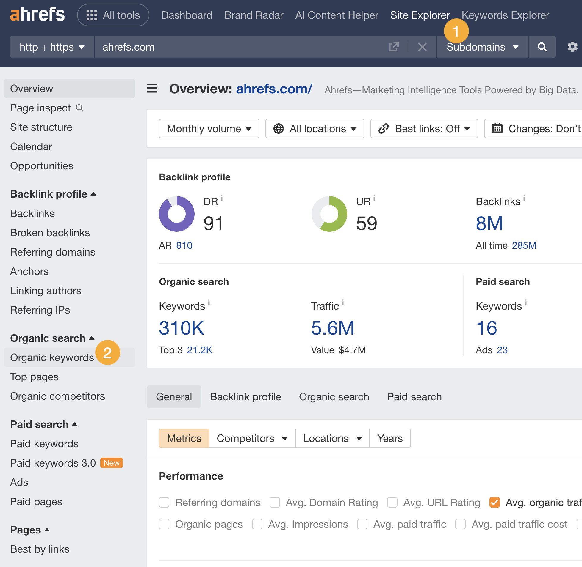 Informe de Palabras Clave Orgánicas de Site Explorer.