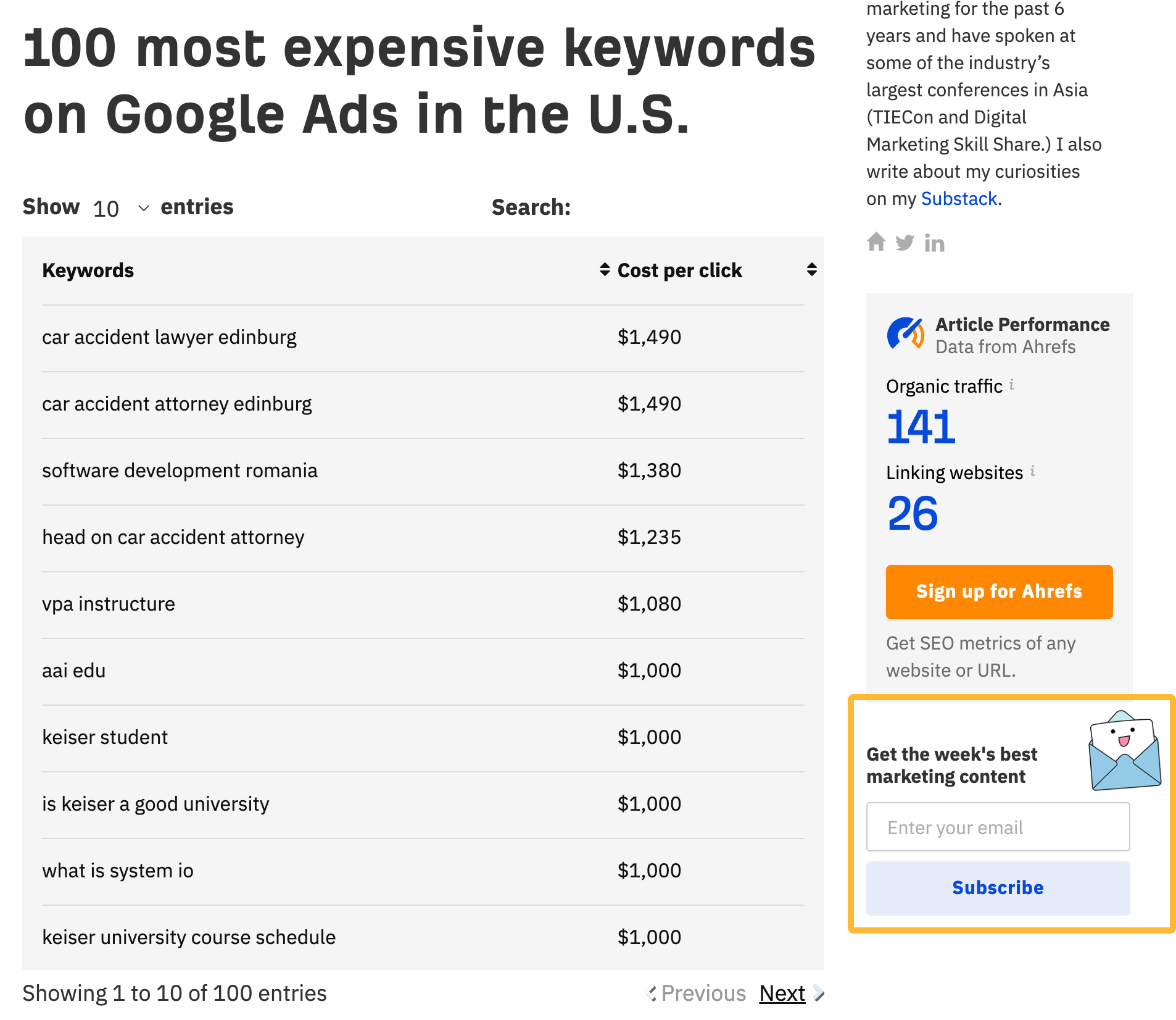Nuestro formulario de registro por correo electrónico en la barra lateral del blog de Ahrefs.