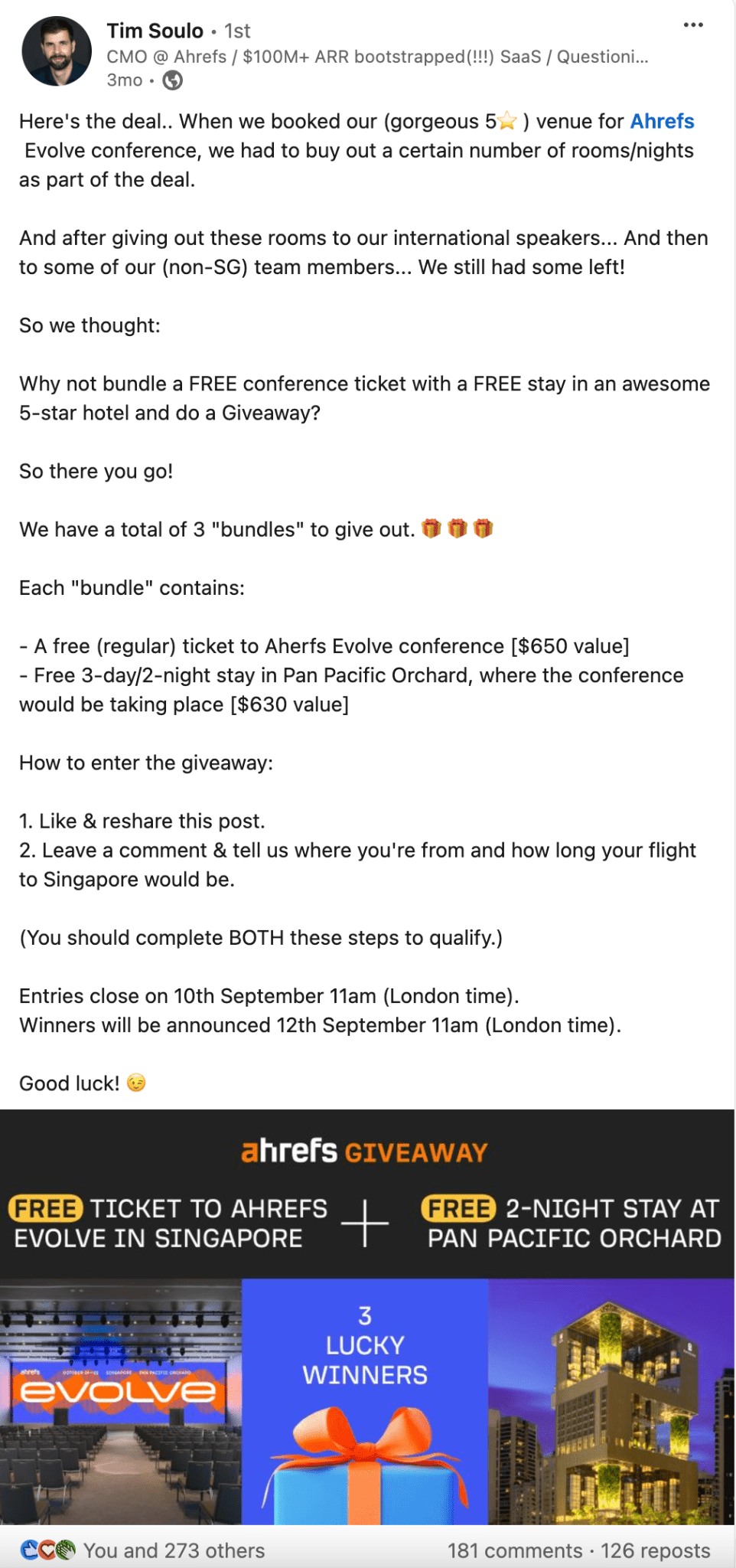 Nuestro director de marketing Tim promocionando un sorteo en LinkedIn.