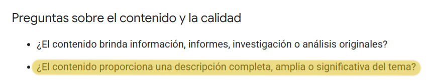 Google dice que cubrir el tema de forma exhaustiva es una señal de contenido de calidad.