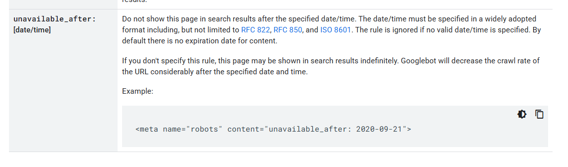 Una captura de pantalla que muestra la documentación de Google sobre la metaetiqueta unavailable_after. 