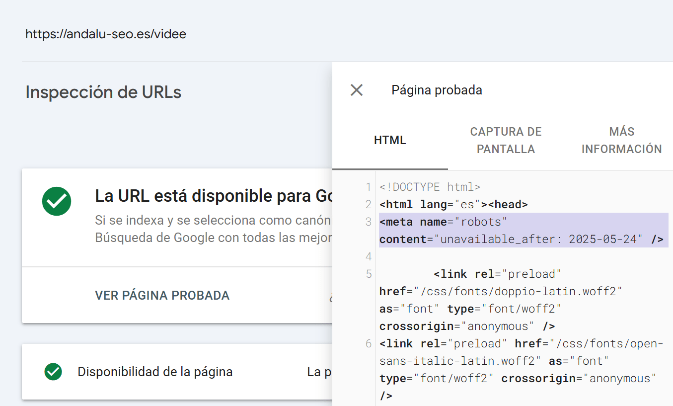 Una captura de pantalla de la herramienta "Inspección de URLs" de Google Search Console. A la izquierda, un mensaje indica que "La URL está disponible para Google".