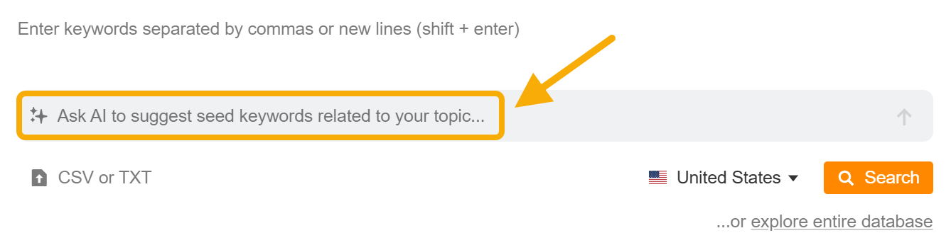 Lista de palabras clave semilla generadas con la función IA de Keywords Explorer de Ahrefs.