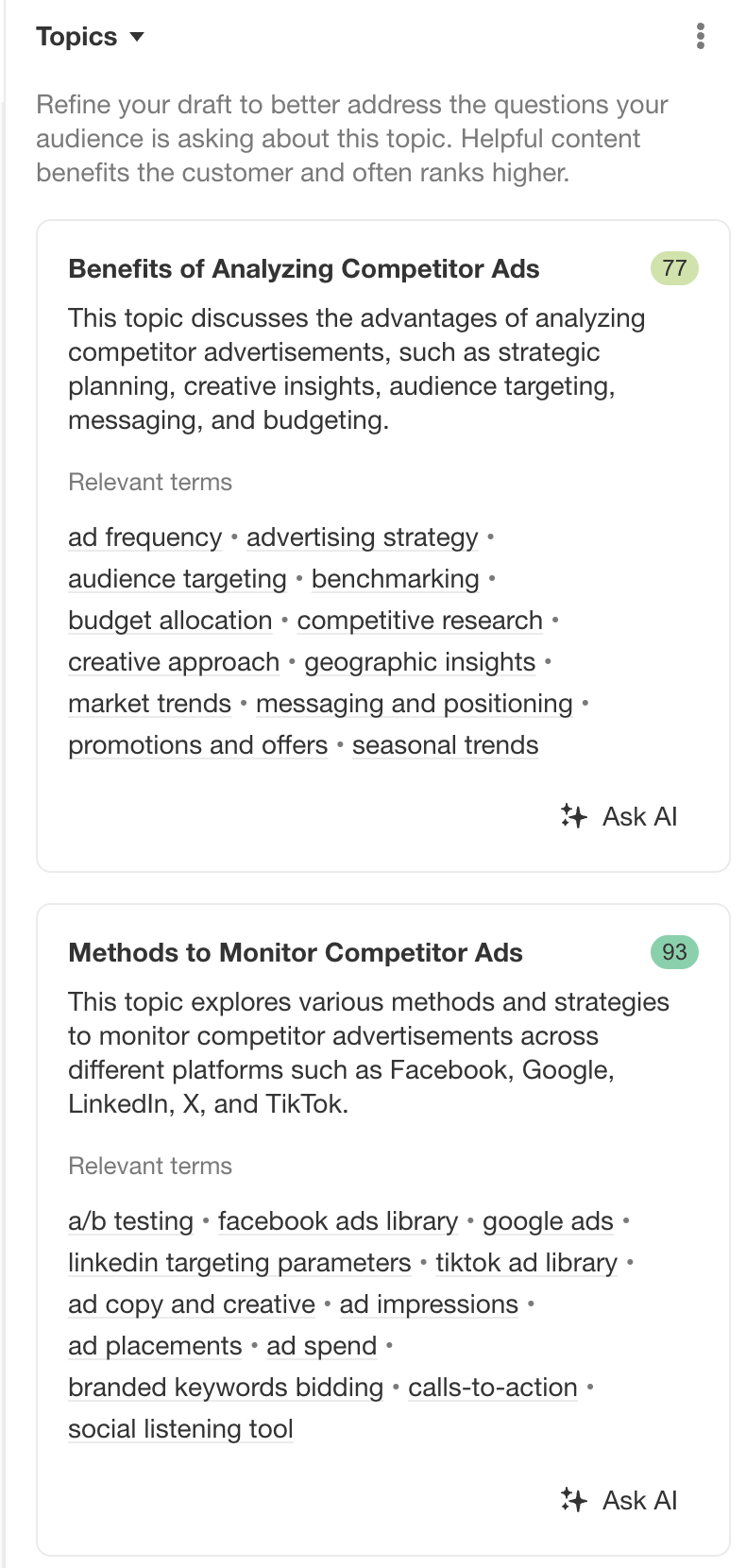 AI Content Helper sugiere subtemas sobre los que escribir en lugar de palabras clave.