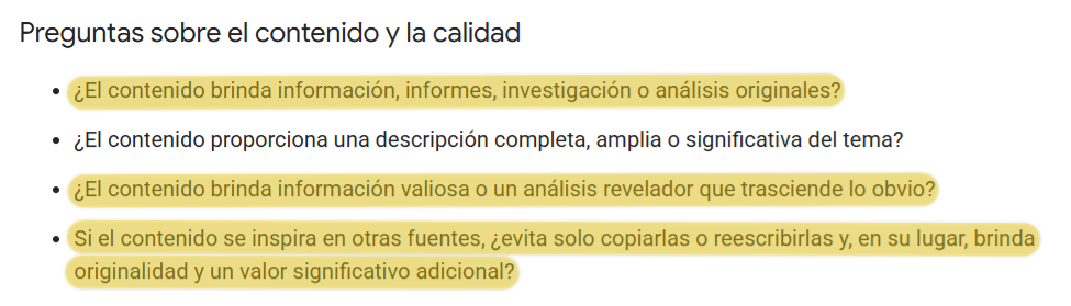 Google dice que el contenido de calidad va más allá de la información obvia. Necesita aportar algo nuevo.