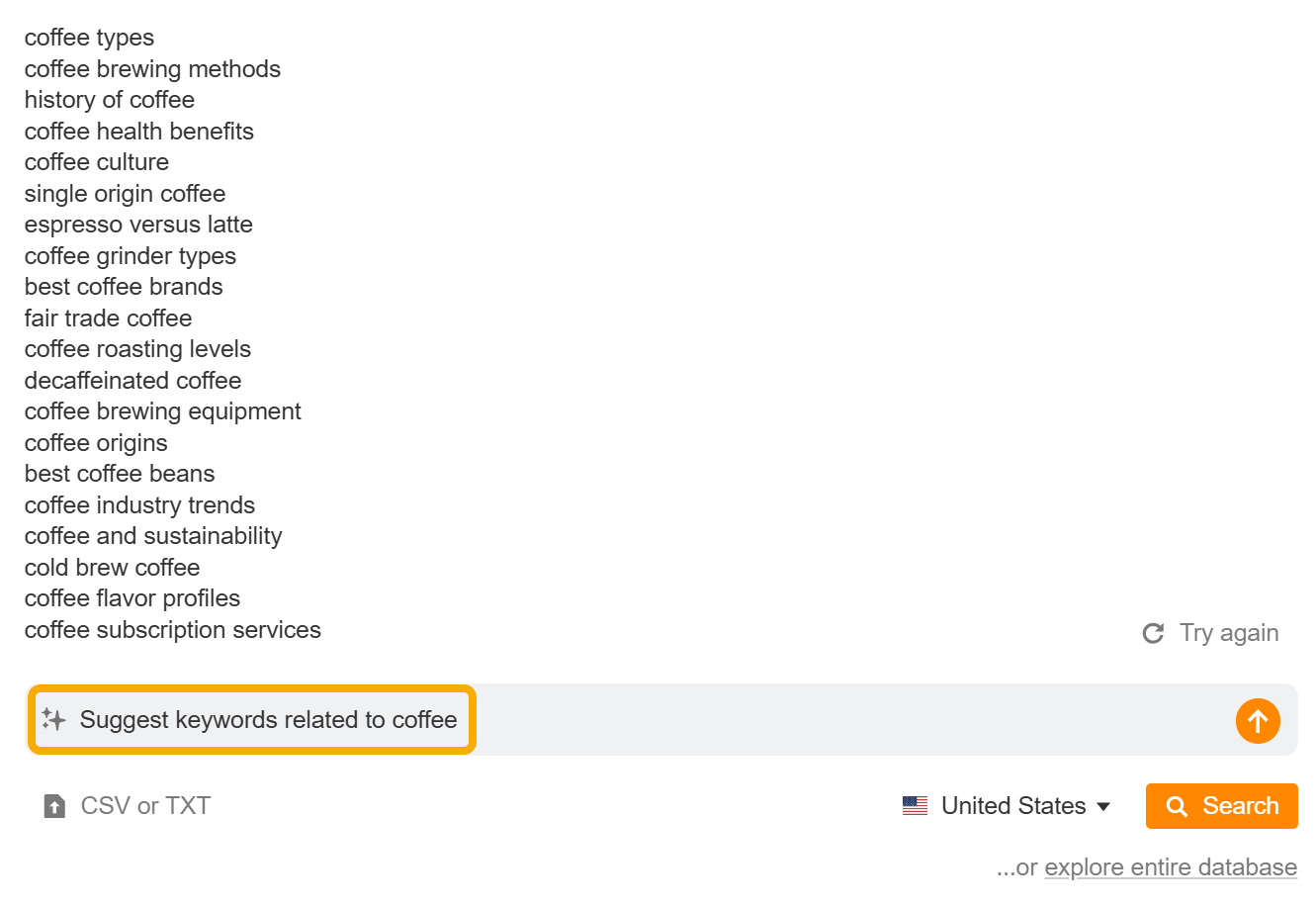Lista de palabras clave semilla generadas con la función IA de Keywords Explorer de Ahrefs.
