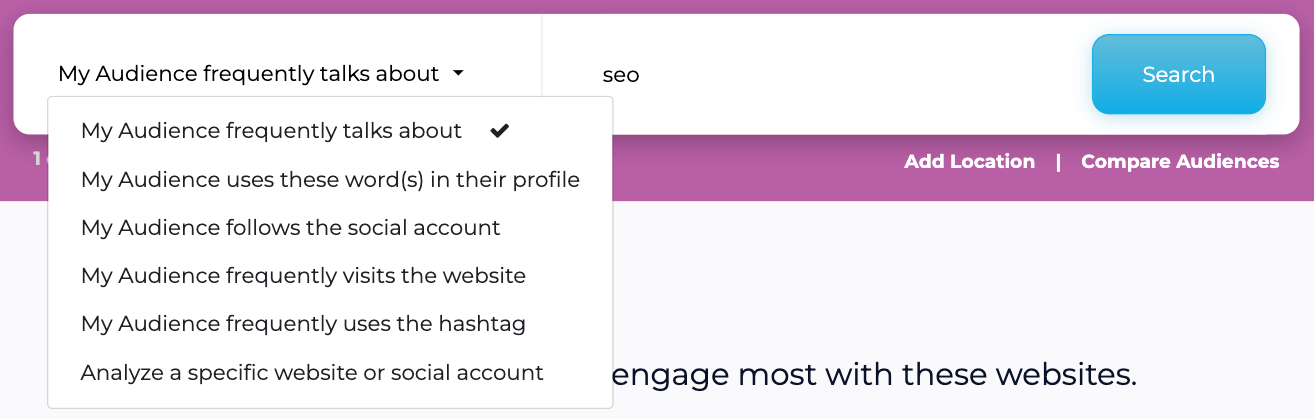 La gama de opciones de búsqueda de SparkToro.