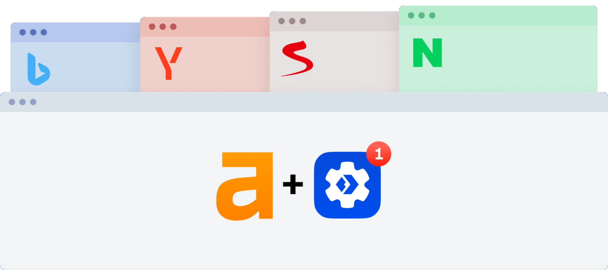 Una ilustración que muestra cuatro ventanas de navegador estilizadas, cada una con un logotipo de motor de búsqueda diferente: Bing (azul), Yahoo (rojo), Yandex (rojo) y Naver (verde).