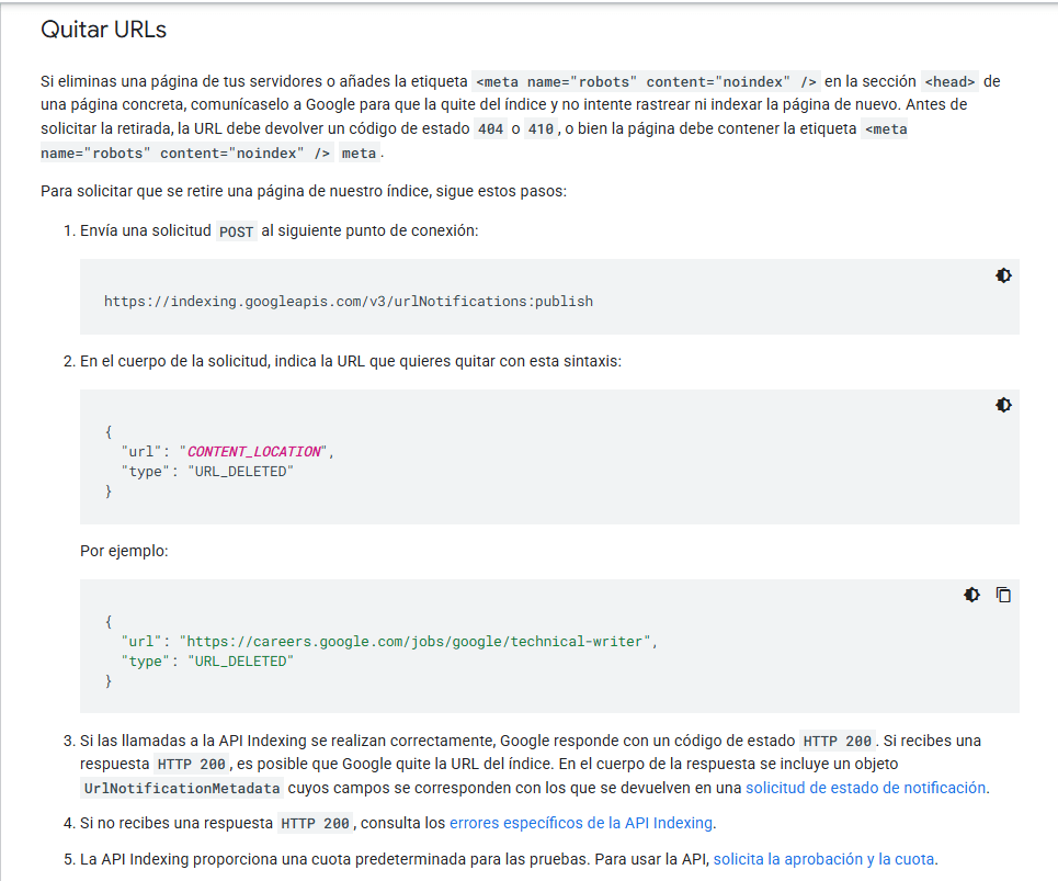 Una captura de pantalla de un documento o página web que describe cómo quitar URLs del índice de Google. 