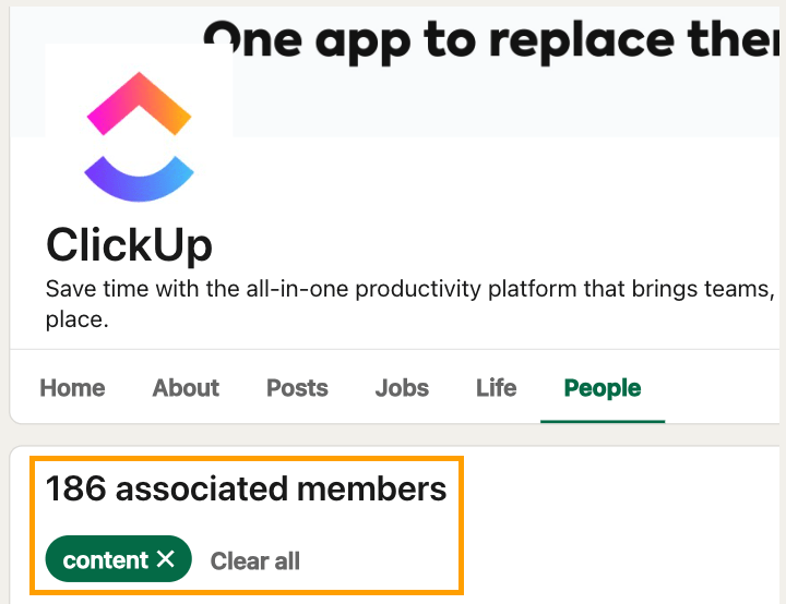 Empleados de Clickup en LinkedIn, filtrados por menciones de «contenido».