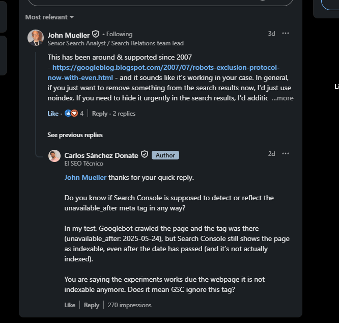 Mensaje de John Mueller de Google a Carlos Sánchez