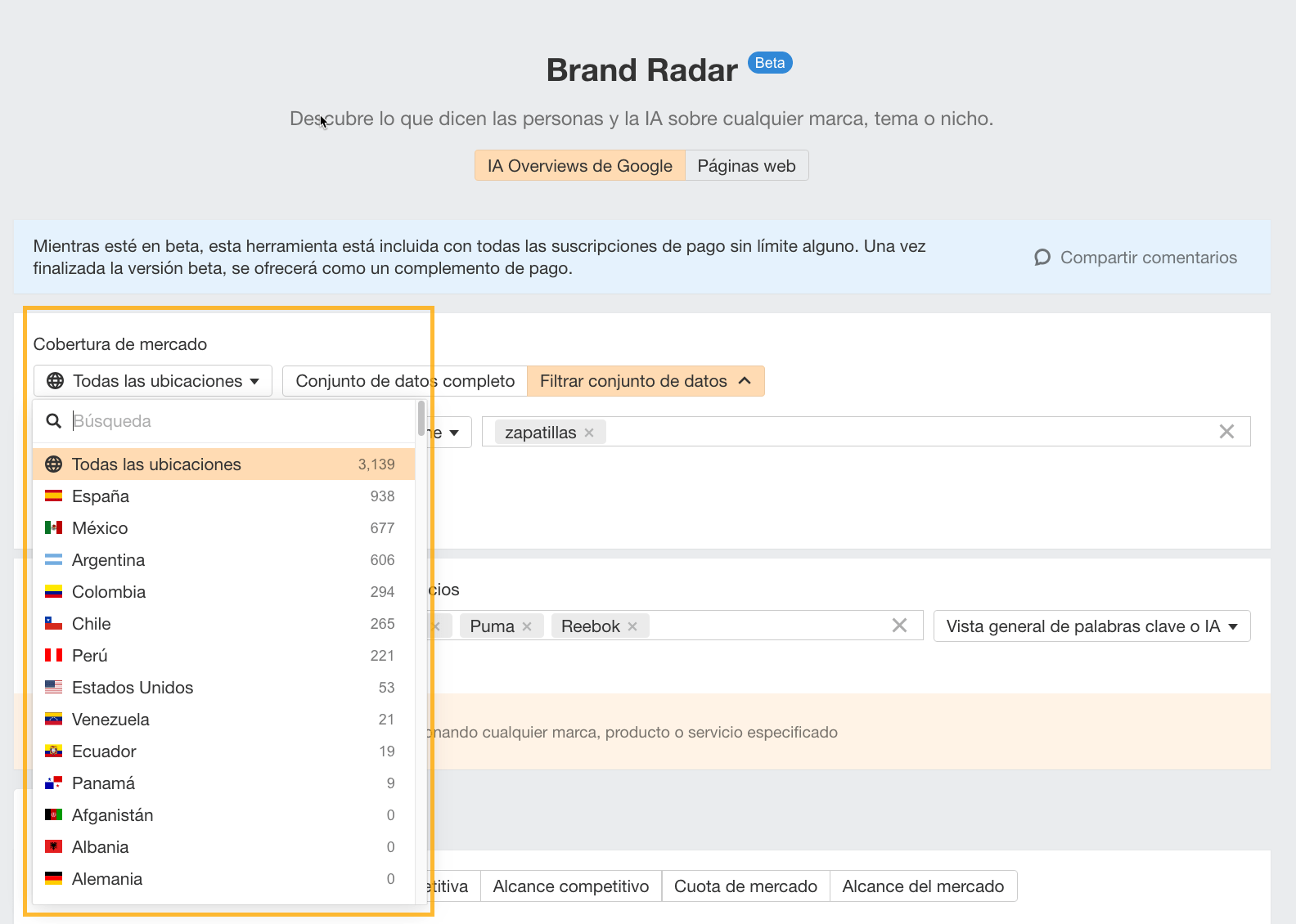 Filtros de ubicación en Brand Radar de Ahrefs