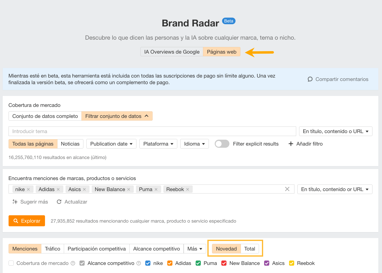 Páginas web en Brand Radar