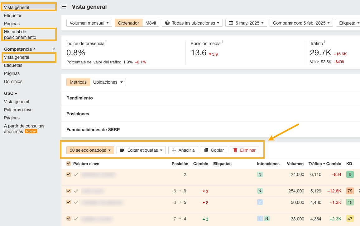 Rank Tracker - Edita varias palabras clave a la vez