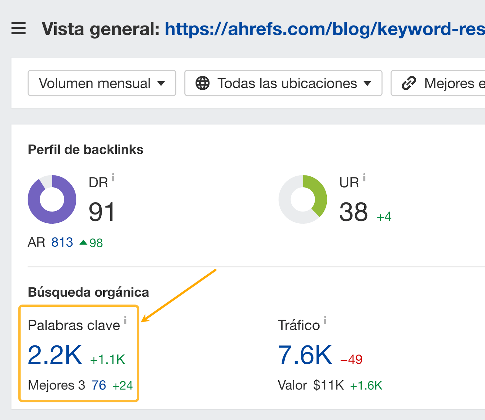 Número de palabras clave con las que se posiciona nuestra guía de investigación de palabras clave.
