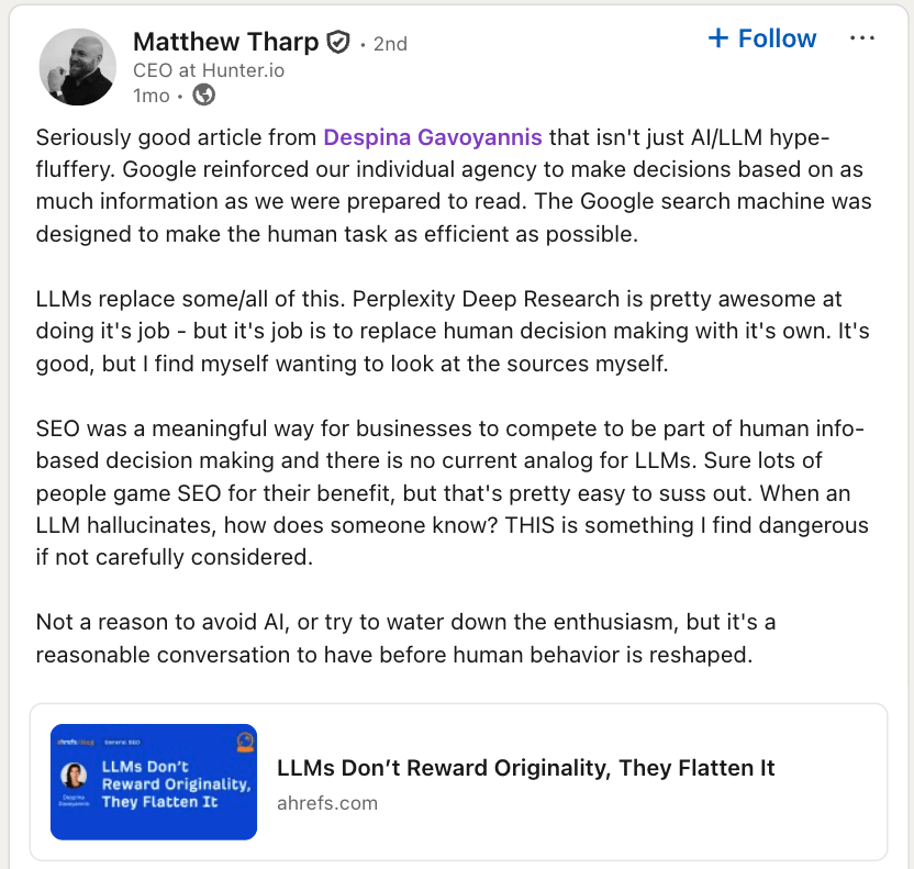 Publicación de Matthew Tharp en LinkedIn compartiendo el artículo "LLM's Don't Reward Originality, They Flatten It".